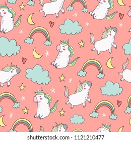 Beautiful seamless pattern with happy unicorns on pink background. Great for textile design, wallpapers, backgrounds.