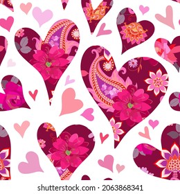 Beautiful seamless pattern with hearts with floral and paisley ornament. Patchwork design. Print for Valentines day.