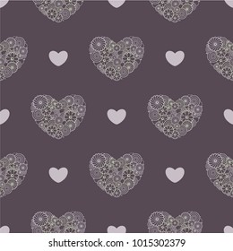 Beautiful seamless pattern with hearts of flowers on dark background. Vector illustration for textile design. Template for wrapping paper and romantic decoration.
