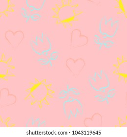Beautiful seamless pattern with hearts, flowers and suns  on pink background. Ornament for cover, fabric, wrapping paper, greeting card