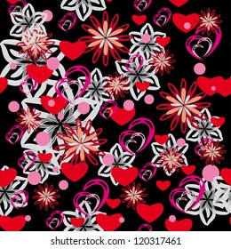 beautiful seamless pattern with hearts and flowers. Vector illustration