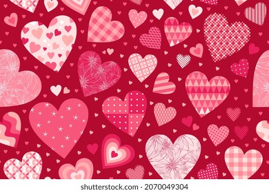 Beautiful seamless pattern with hearts in patchwork style. Valentines day. Vector print.