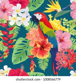 Beautiful seamless pattern with hibiscus flowers and macaw on dark green background. Vector set of blooming tropical floral for wedding invitations, greeting card and fashion design.