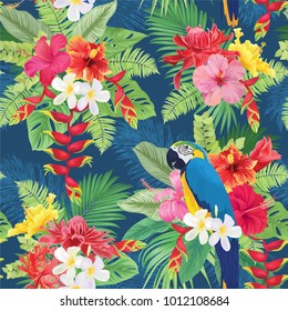 Beautiful seamless pattern with hibiscus flowers and macaw on dark blue background. Vector set of blooming tropical floral for wedding invitations, greeting card and fashion design.