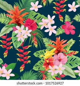 Beautiful seamless pattern with hibiscus flowers and guzmania on dark blue background. Vector set of blooming tropical floral for wedding invitations, greeting card and fashion design.