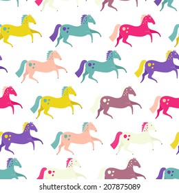 Beautiful seamless pattern with horse silhouettes. Perfect dressage event texture made in orange, yellow and blue colors on beige backgroound. Animal texture drwn in vector.