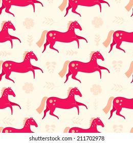 Beautiful seamless pattern with horse silhouettes. Perfect dressage event texture made in orange, yellow and red colors on beige background. Animal texture drawn in vector.