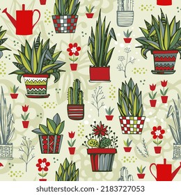 Beautiful seamless pattern with houseplants in flower pots, flowers, twigs on a complex green background in vector. Print for fabric, wallpaper in green and red colors.