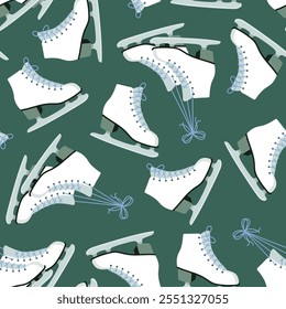 Beautiful Seamless Pattern Of Ice Figure Skates With Laces On Blue Green Background. Flat Vintage Style. Wrapping Paper, Tile, Textile, Wallpapers. Vector illustration