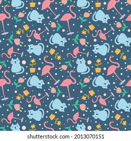 Beautiful seamless pattern with icons and design elements cute animals and leaf