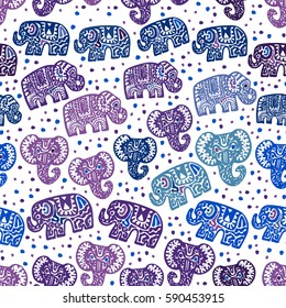 Beautiful seamless pattern Indian Elephant with polka dot ornaments. Hand drawn ethnic tribal decorated Elephant. blue purple lilac contour isolated on white endless background. Vector
