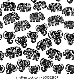 Beautiful seamless pattern Indian Elephant with ornaments. Hand drawn ethnic tribal decorated Elephant. black contour isolated on white endless background. Vector