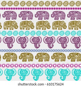 Beautiful seamless pattern Indian Elephant with ornamental strips. Hand drawn ethnic tribal decorated Elephant. teal purple olive green pink contour isolated on white endless background. Vector 