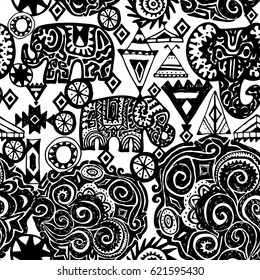 Beautiful seamless pattern Indian Elephant with ornamental. Hand drawn ethnic tribal decorated Elephant. White contour on Black background. for site, blog, fabric. Vector