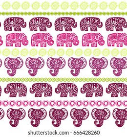 Beautiful seamless pattern Indian Elephant with ornamental strips. Hand drawn ethnic tribal decorated Elephant. Dark pink burgundy light green purple contour isolated on white background. Vector