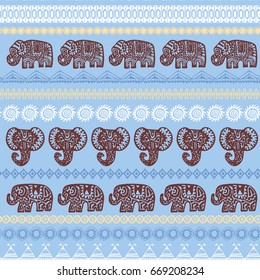 Beautiful seamless pattern Indian Elephant with ornamental strips. Hand drawn ethnic tribal decorated Elephant. Blue brown beige contour on Blue endless background. Vector illustration