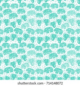 Beautiful seamless pattern Indian Elephant with polka dot ornaments. Hand drawn ethnic tribal decorated Elephant. Turquoise green blue teal contour isolated on white endless background. Vector 