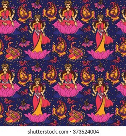 Beautiful seamless pattern with indian goddess Lakshmi and paisley ornament, vector illustration