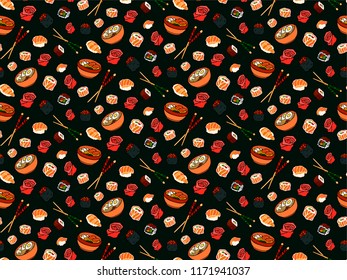 Beautiful seamless pattern with japanese food on black background
