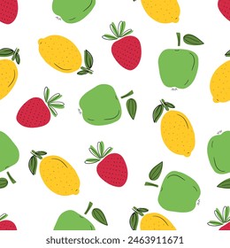Beautiful seamless pattern with juicy fresh fruits: strawberry, apple, lemon on white background. HAnd drawn vector cartoon sketch flat illustrations. Concept of harvest, kitchen, garden, spring.