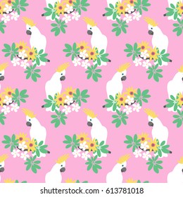 Beautiful seamless pattern with Kakadu parrots and tropical plants, trendy fashion print