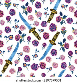 A beautiful seamless pattern of knives and roses. White background.