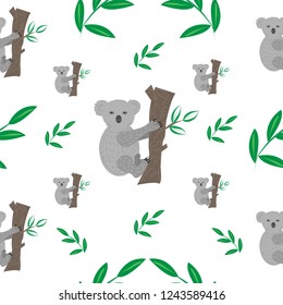 beautiful seamless pattern with Koala bear on tree with eucalyptus foliage on white background