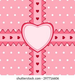 Beautiful seamless pattern with lace and heart-shaped card in pink color. Vector illustration. Can be used for girl baby shower or Valentine card design