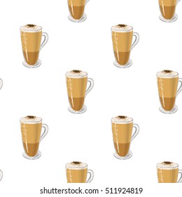 Beautiful seamless pattern with latte for cafe or coffee-shops. Inspired by variety of coffee beverages. Vector background with isolated elements on white backdrop.
