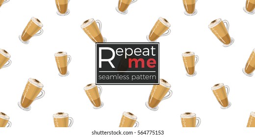 Beautiful seamless pattern with latte for cafe or coffee-shops. Inspired by coffee beverages. Vector background with isolated elements on white backdrop.