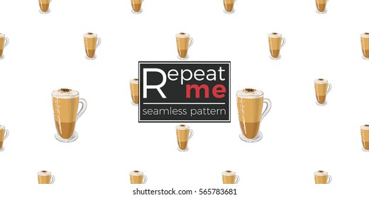 Beautiful seamless pattern with latte for cafe or coffee-shops. Inspired by coffee beverage. Vector background with isolated elements on white backdrop.