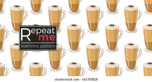 Beautiful seamless pattern with latte for cafe or coffee-shops. Inspired by coffee beverage. Vector background with isolated elements on white backdrop.