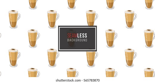 Beautiful seamless pattern with latte for cafe or coffee-shops. Vector background with isolated elements on white backdrop.