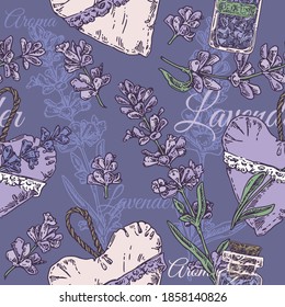 Beautiful seamless pattern with lavender branch, aroma sachet and bottle with flowers. Color. Engraving style. Vector illustration.