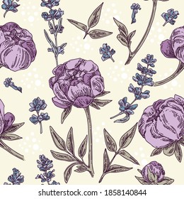 Hermoso patrón impecable con ramas de lavanda y flores de peonía. Color. Estilo de grabado. Ilustración vectorial.