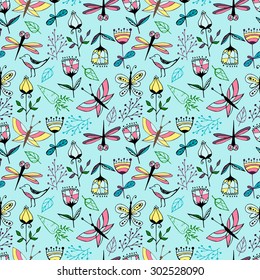 beautiful seamless pattern - leaves, flowers, branches, birds, dragonflies, butterflies - hand drawn vector illustration for a wrap, wallpaper, paper, textile, fabric, surface design