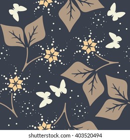 Beautiful seamless pattern with leaves,  flowers and butterflies can be used for design fabric, backgrounds, wrapping paper, package, covers, linen and more designs.