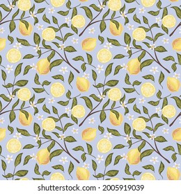 Beautiful seamless pattern with lemon, flowers and branch. Colorful hand drawn vector illustration. Texture for print, fabric, textile, wallpaper.
