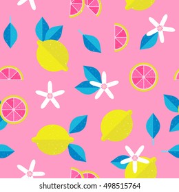 Beautiful seamless pattern with Lemons in flat design style. Citrus background for your design. Tasty and juicy texture with flowers, leafs and lemon