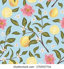 Beautiful seamless pattern with lemons, flowers and branch. Colorful hand drawn vector illustration. Texture for print, fabric, textile, wallpaper.