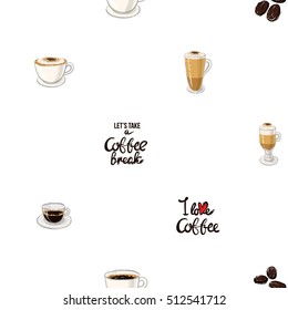 Beautiful seamless pattern with lettering, espresso, americano, cappuccino, macchiato, latte, coffee beans for cafe or coffee-shops. Inspired by variety of coffee beverages.