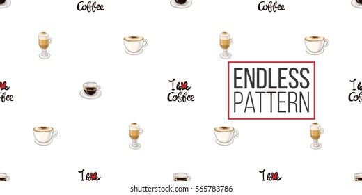 Beautiful seamless pattern with lettering, espresso, cappuccino, macchiato for cafe or coffee-shops. Inspired by coffee beverages. Vector background on white backdrop.