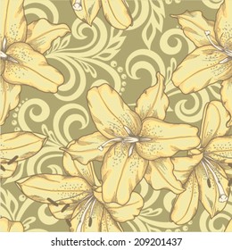Beautiful seamless pattern with lilies flowers and abstract floral swirls