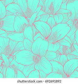 Beautiful seamless pattern with lilies. Hand-drawn contour lines. design greeting card and invitation of the wedding, birthday, Valentine s Day, mother s day, other holiday.