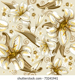 Beautiful seamless pattern with lilies on a beige background, vector illustration