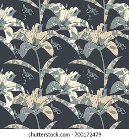 Beautiful seamless pattern with lily flowers and leaves isolated on blue background. Template can be used for tile, linen, covers, pillow designs, rugs and more ideas. 