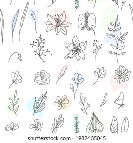 Beautiful seamless pattern with line flowers and leaves. Tender illustration, can be used for wrapping paper, invitation card for wedding,wallpaper and textile. Vector illustration
