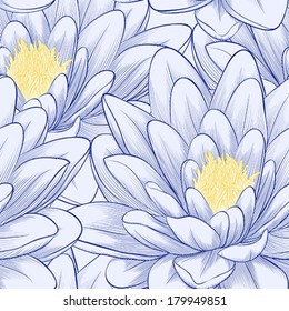 Beautiful seamless pattern with lotus flowers. Hand-drawn contour lines and strokes. Perfect for background greeting cards and invitations of the wedding, birthday