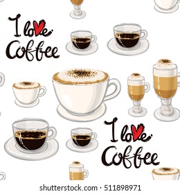 Beautiful seamless pattern with I love coffee lettering, espresso, cappuccino, macchiato for cafe. Inspired by variety of coffee beverages. Vector background with elements on white backdrop.