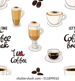 Beautiful seamless pattern with I love coffee lettering, espresso, americano, cappuccino, macchiato, latte, coffee beans for cafe or coffee-shops. Inspired by variety of coffee beverages.